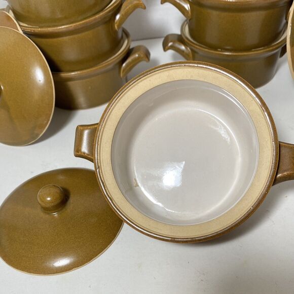 6 Vintage Mustard Brown Stoneware French Onion Soup Crocks Bowls Handles & Lids - Picture 3 of 8